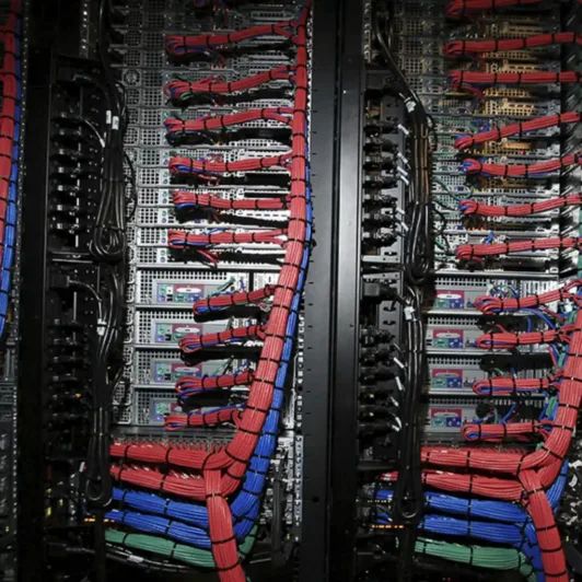 Server racks filled with computer hardware and neatly bundled red, blue, and green network cables.