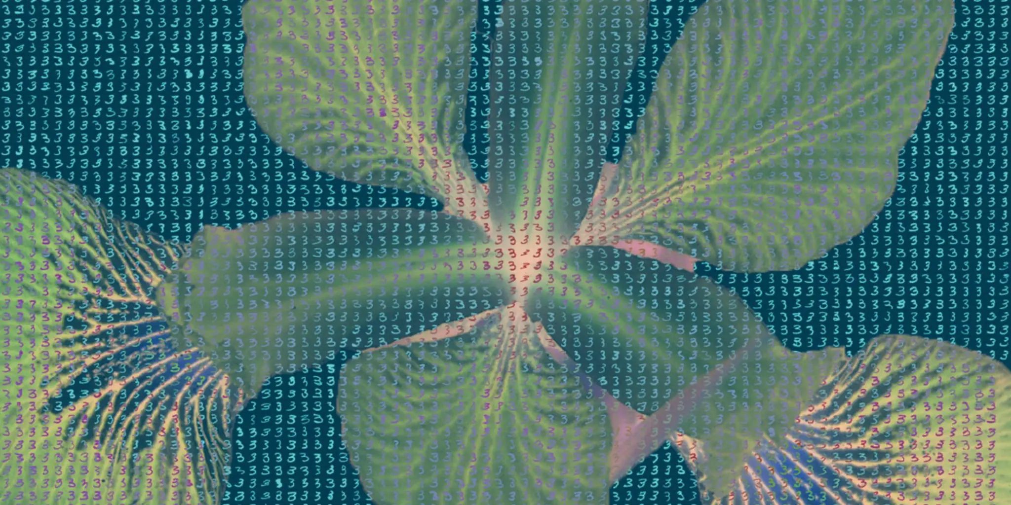 Abstract floral shapes overlaid with rows of handwritten number 3s on a dark background.