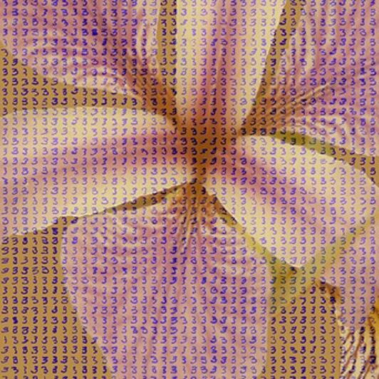 Abstract close-up of a flower blossom overlaid with a grid of small purple number threes.
