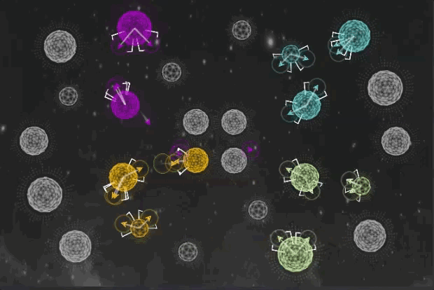 Animated visualization of colored circular particles moving among gray spheres on a dark background, with directional arrows indicating movement and interaction.