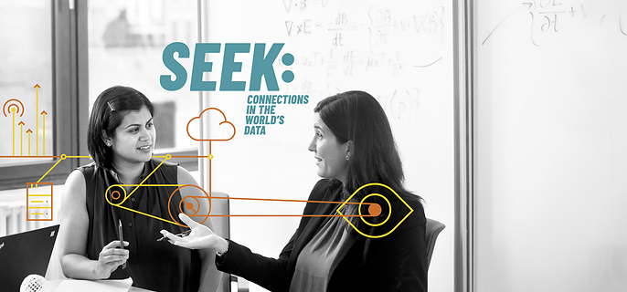 Two women in conversation at a whiteboard with orange line-art graphics and the text 'Seek: Connections in the World's Data'.