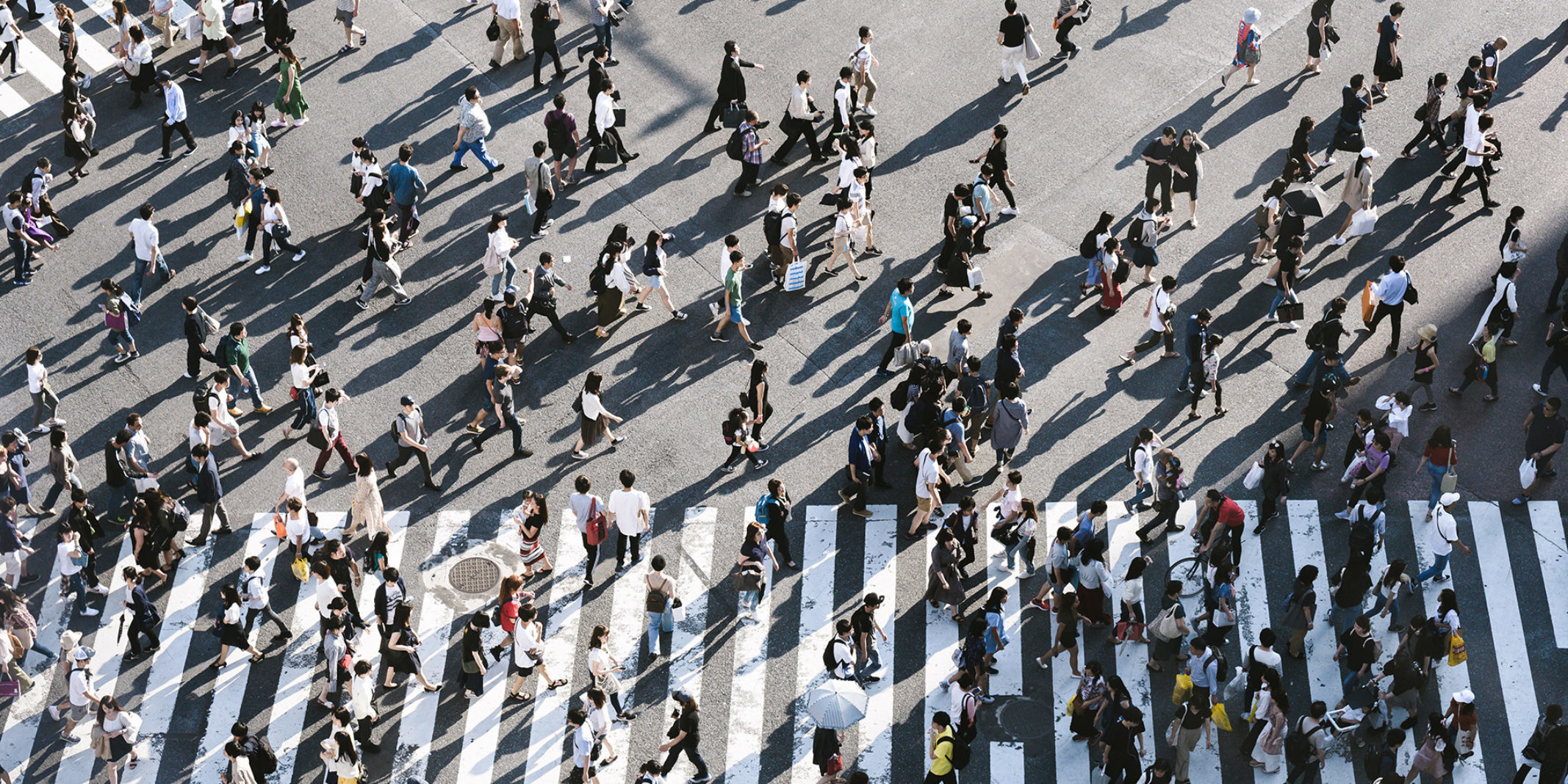 Many different types of people walking on various directions on a crosswalk and across a city street.