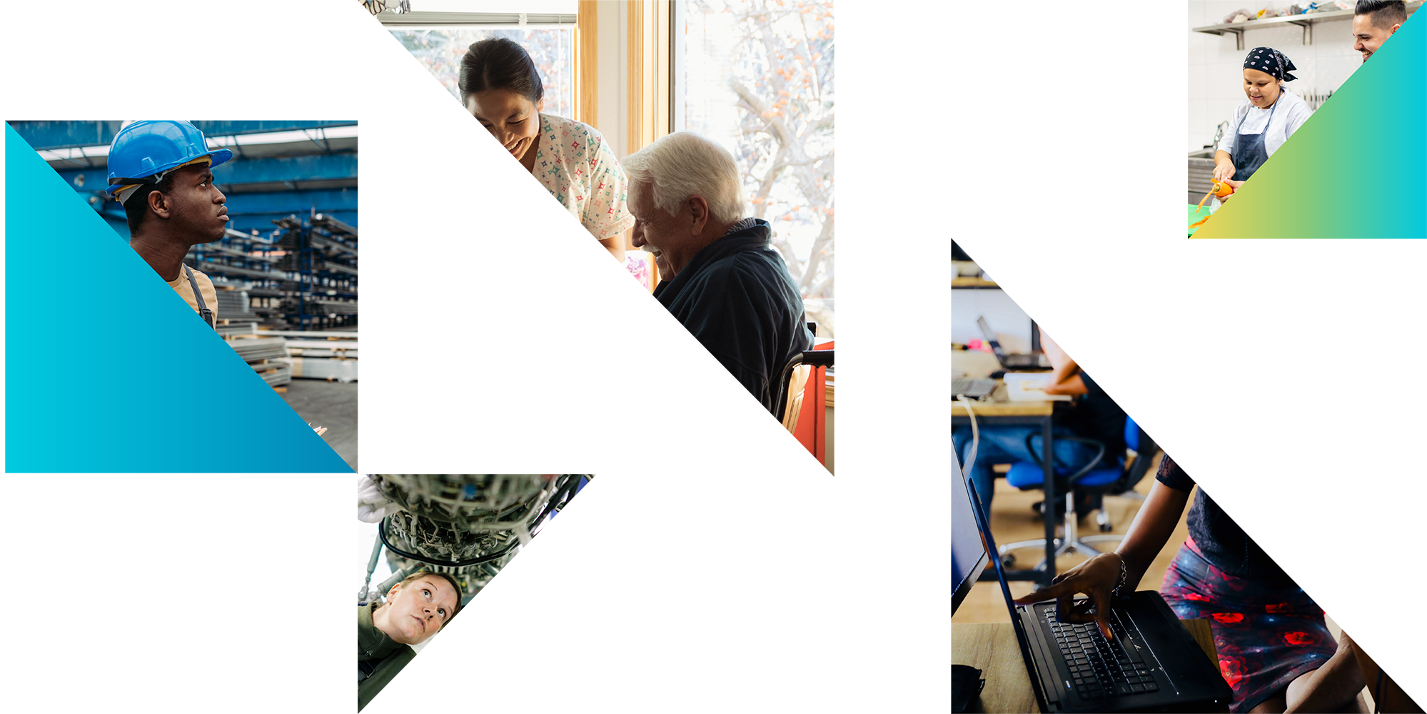 A collage of people including a construction worker, mechanic, nurse, student, and a chef.