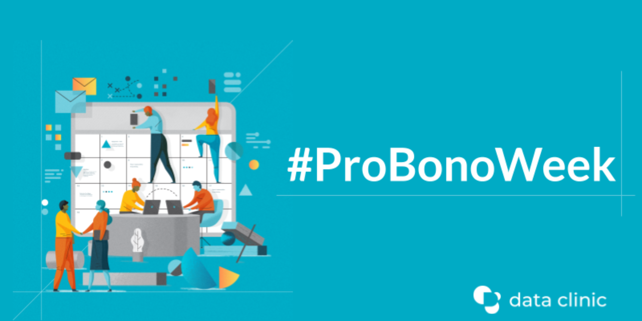 Illustration of Hashtag Pro Bono Week where people are working together on the data- and tech-for-good initiative.