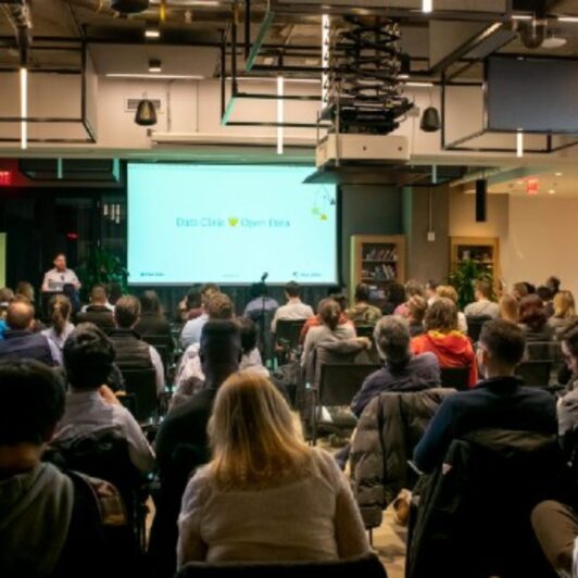 A member of Data Clinic presents to an audience of people at NYC Open Data Week.