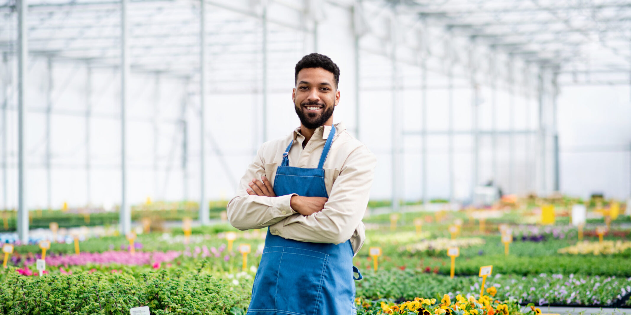 Man working in greenhouse in garden center, looking at camera
