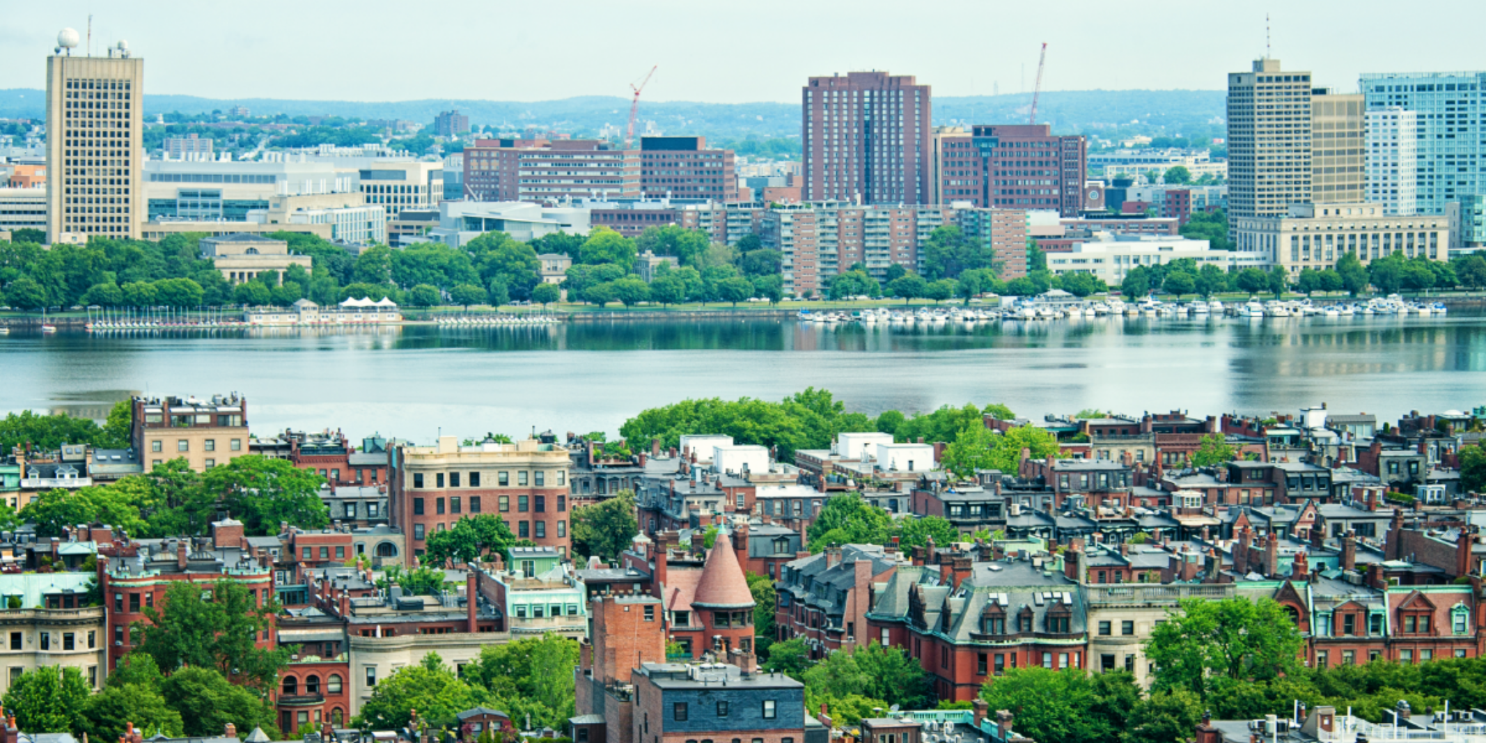 A view of the Charles River in Boston with houses in the foreground