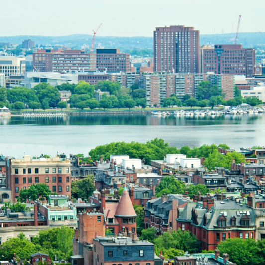 A view of the Charles River in Boston with houses in the foreground