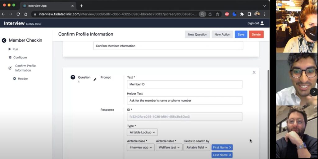 A screengrab of a video call with the Data Gather product on the left, and tile videos of the Data Clinic team and Cole Riley on the right