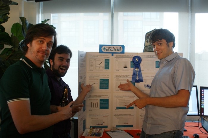 Three men in casual work attire smile at the camera while pointing to a tri-fold poster labeled "Two Sigma Data Clinic" that is covered with graphs and text and has a 1st place blue ribbon on it.