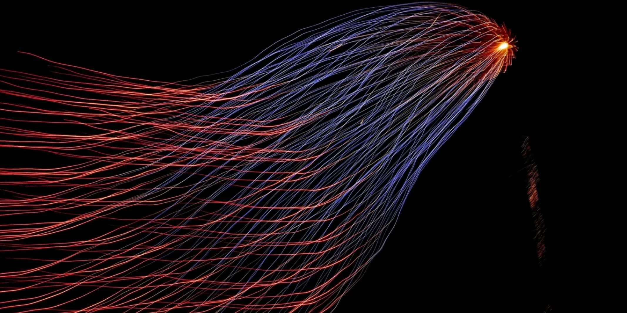 Abstract red and blue light trails converging toward a bright point on a black background.