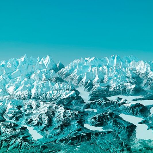 Teal-toned aerial rendering of a snow-capped mountain range with glacial lakes scattered among the peaks.