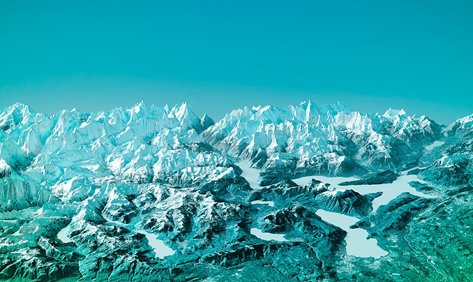 Teal-toned aerial rendering of a snow-capped mountain range with glacial lakes scattered among the peaks.