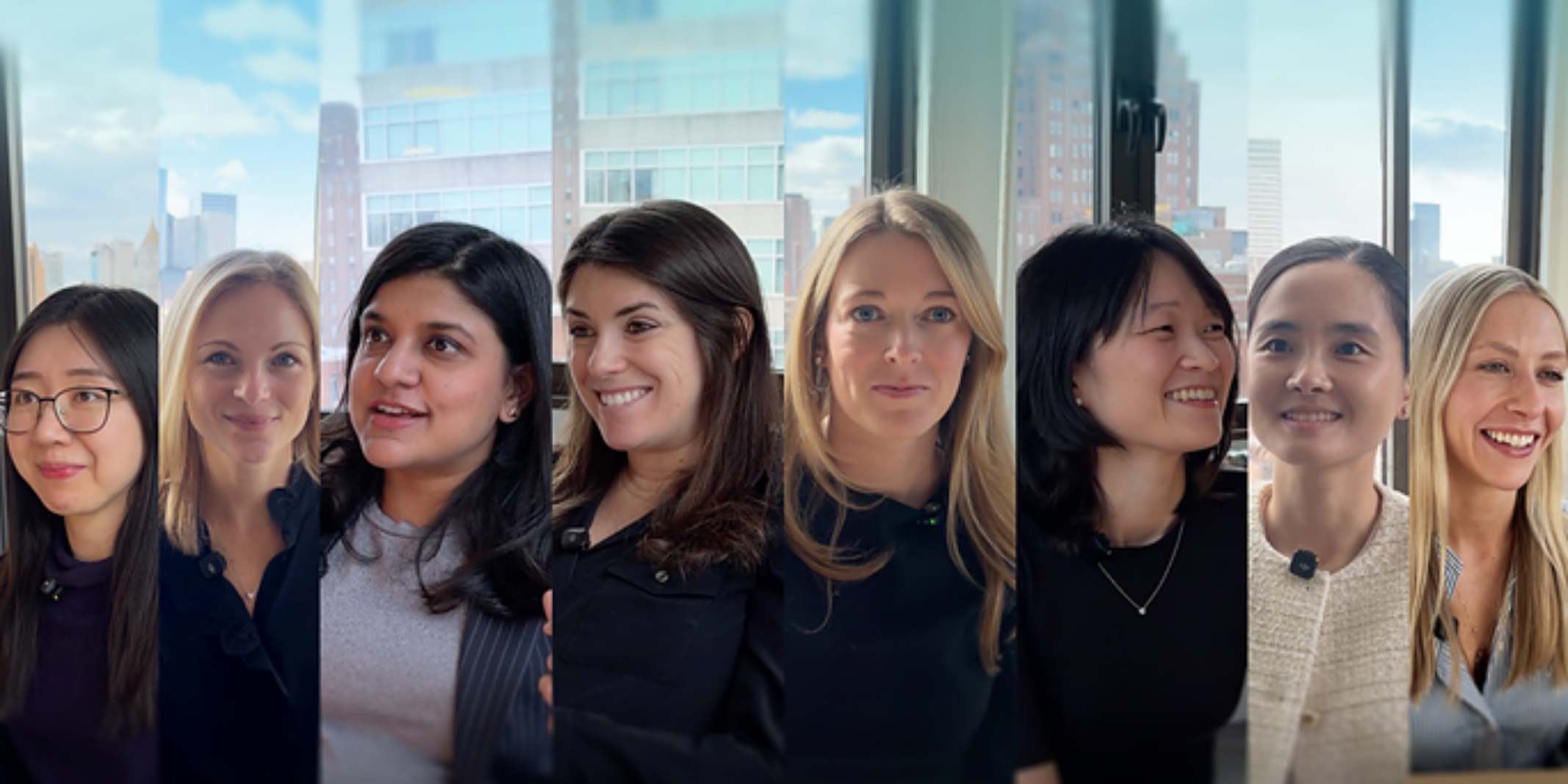 Collage of eight smiling women posed individually in front of a city skyline window backdrop.