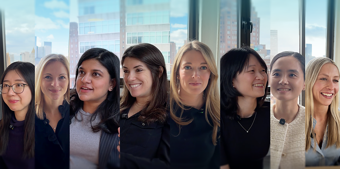 Collage of eight smiling women posed individually in front of a city skyline window backdrop.