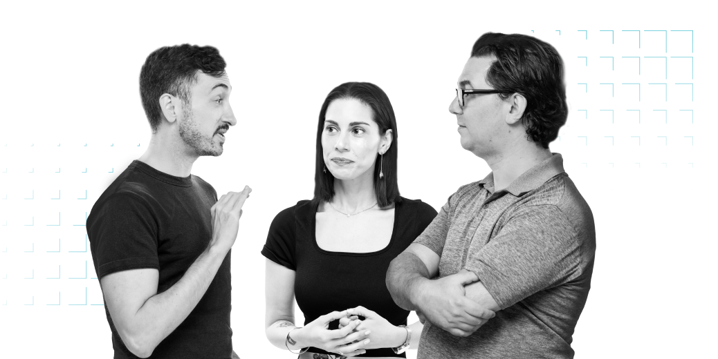 Three employees talking