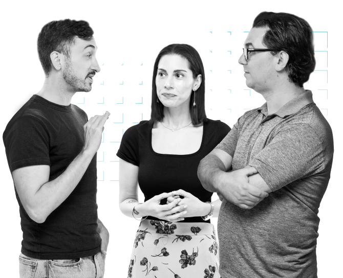 Three employees talking