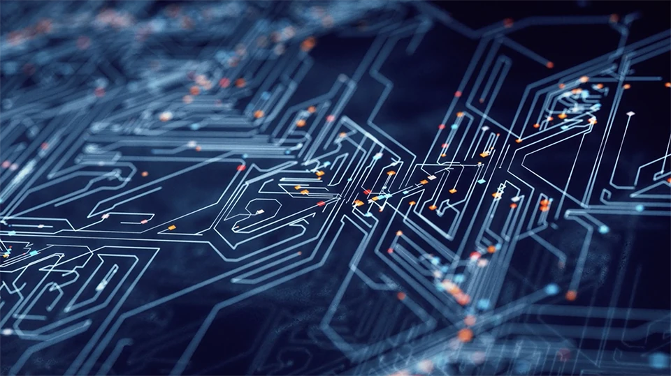 Abstract digital circuit pattern with blue pathways and small orange highlights on a dark background.