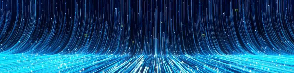 Abstract blue data streams flowing across a dark background with glowing points of light.