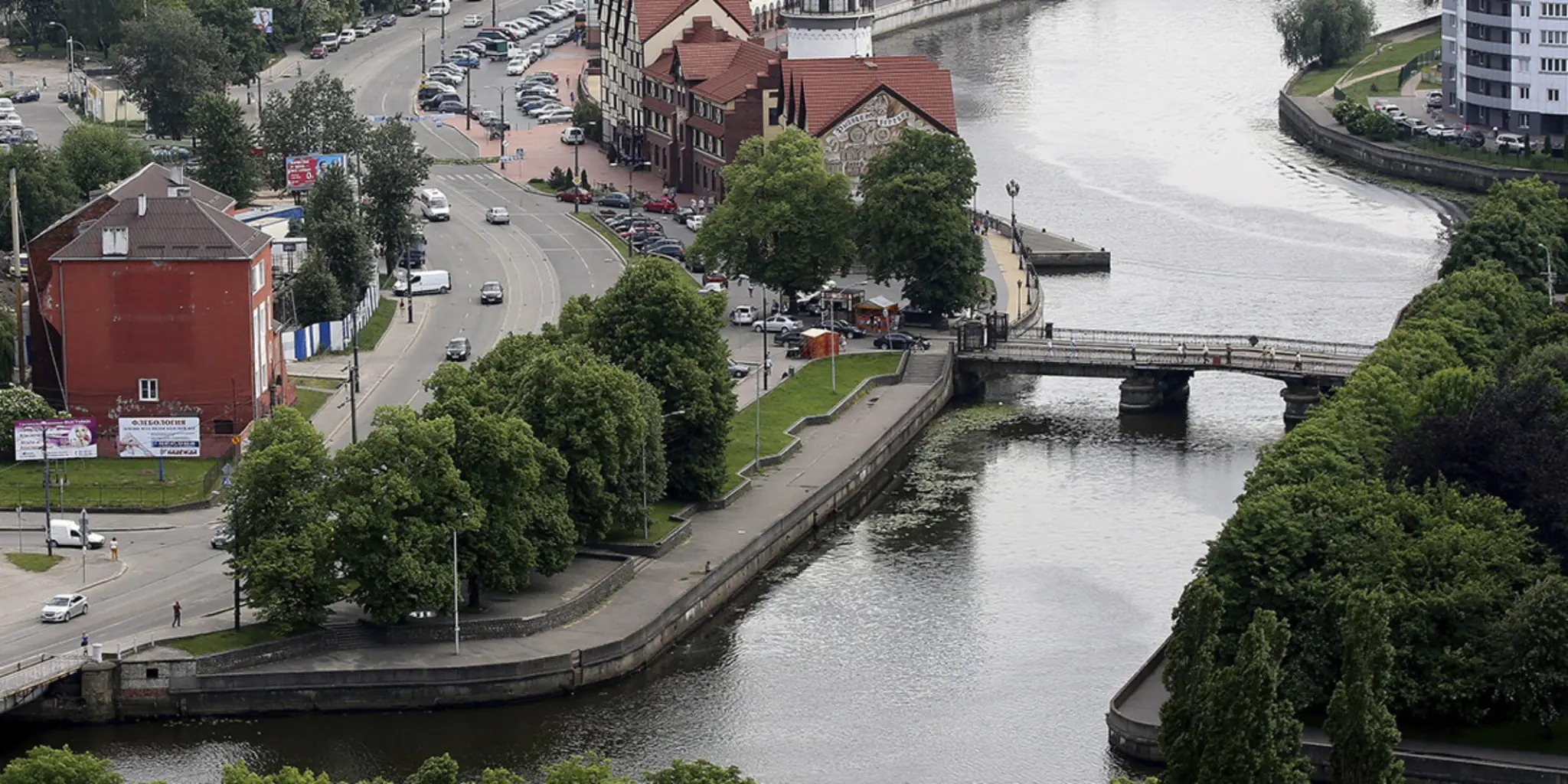 The Pregolya River in Kaliningrad (formerly Königsberg), seven of whose bridges inspired 18th-century Swiss mathematician Leonhard Euler to formalize the discipline now known as graph theory.