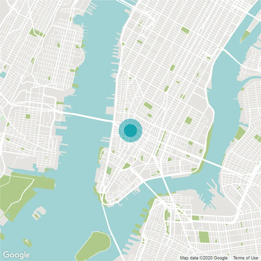 Map of Manhattan and surrounding waterways with a highlighted location in Midtown Manhattan.