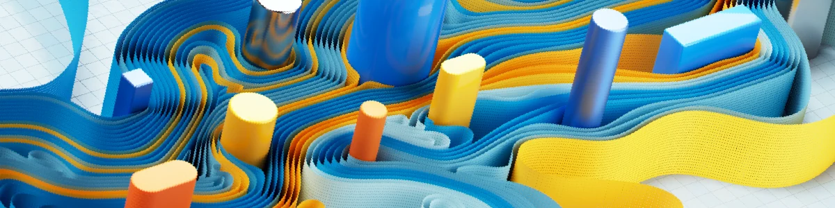 Abstract 3D visualization of layered blue, yellow, and orange surfaces flowing around vertical geometric shapes.