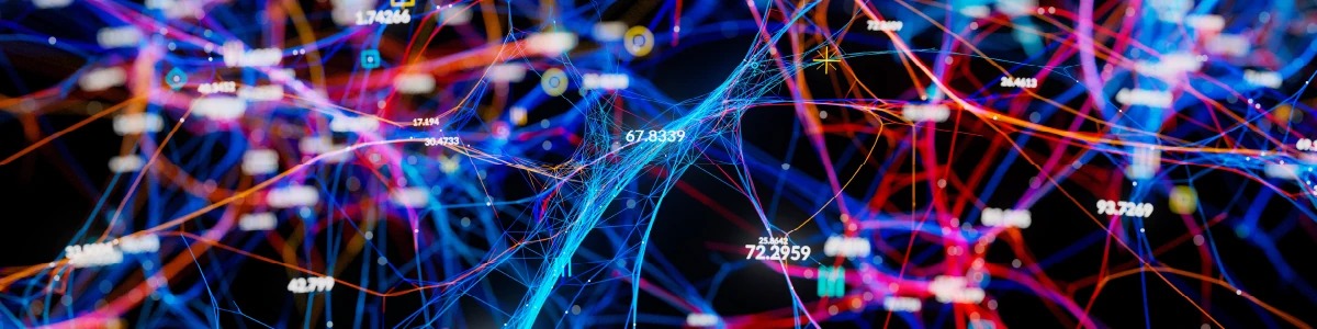 Abstract data visualization with intersecting red and blue network lines and floating numerical labels.
