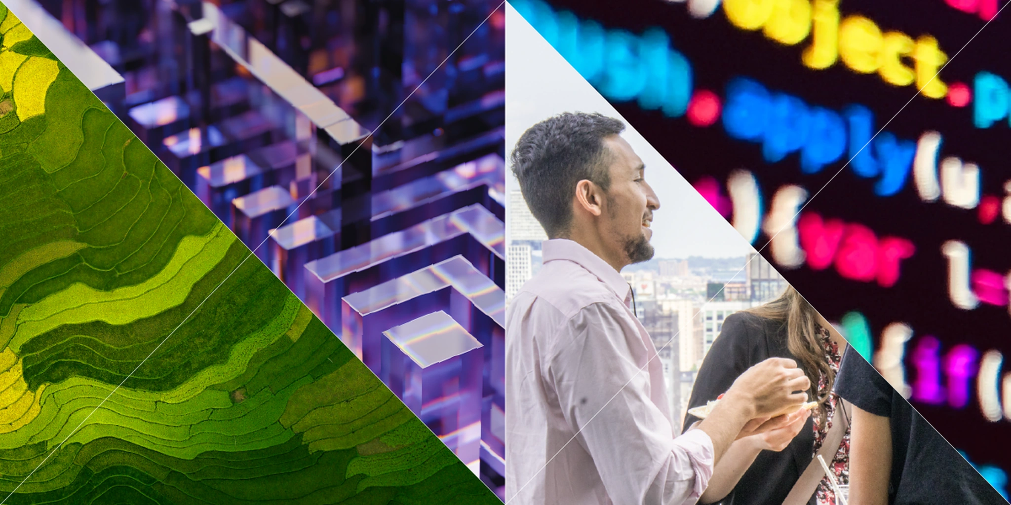 Diagonal collage of four scenes: aerial green fields, abstract glass cubes, a smiling man against a city skyline, and blurred neon lights.