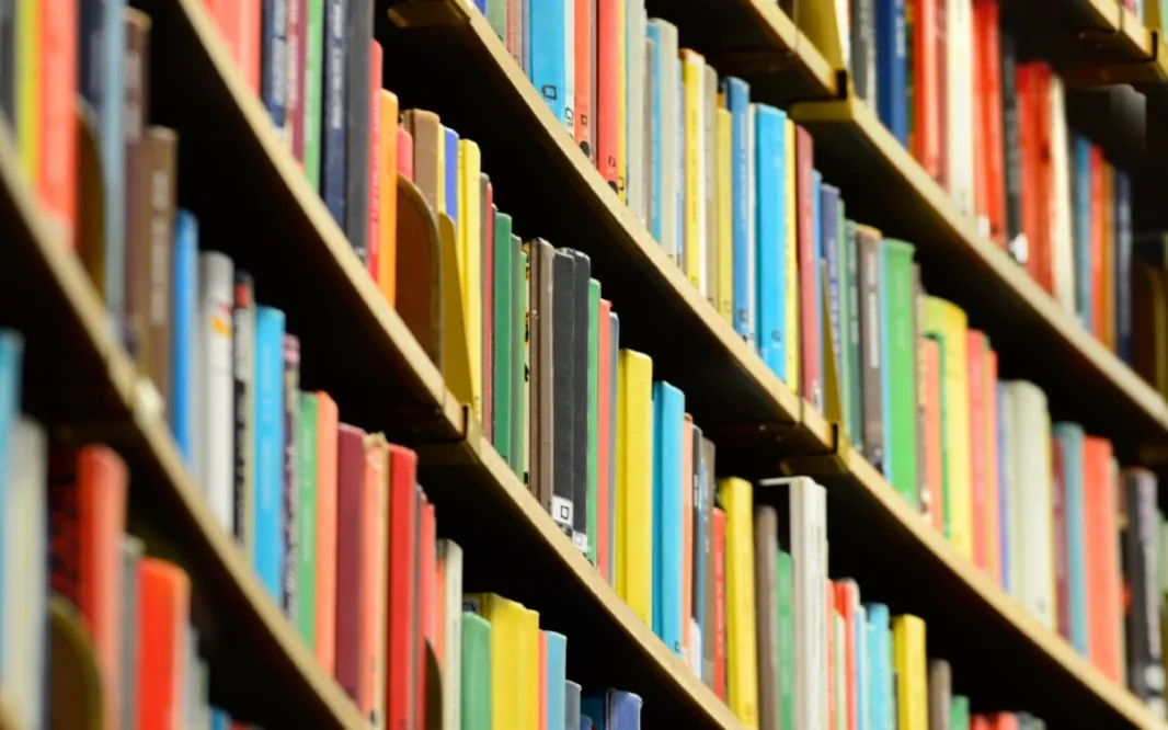 Rows of colorful books arranged on library shelves.