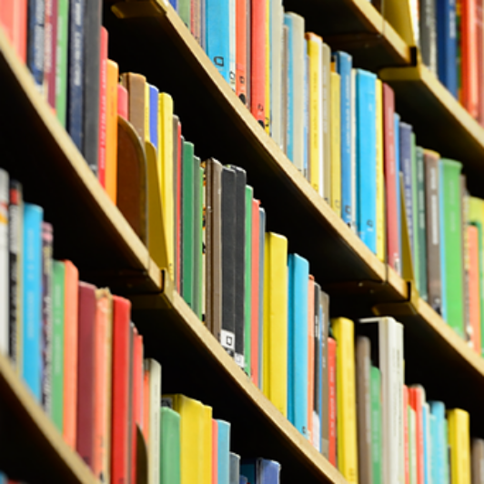 Curved library shelves filled with colorful book spines viewed at an angle.