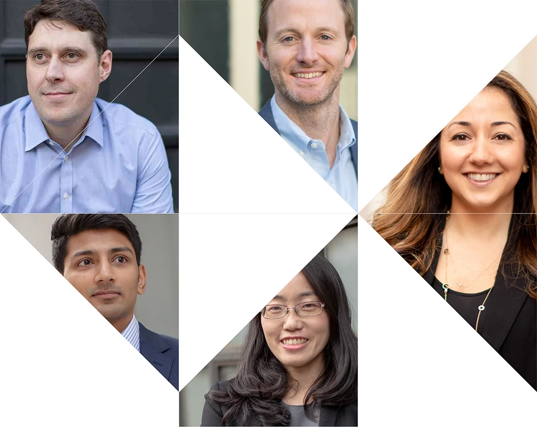 Collage of five professional headshots arranged within a geometric layout.