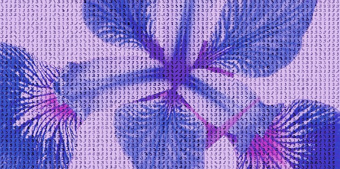 Abstract art made of repeated small digit-3 characters forming blue and pink butterfly-like patterns.