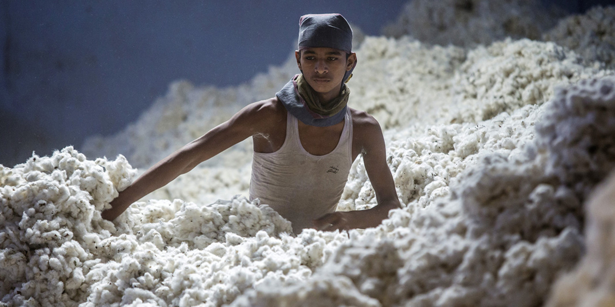 A man walking through a sea of wool