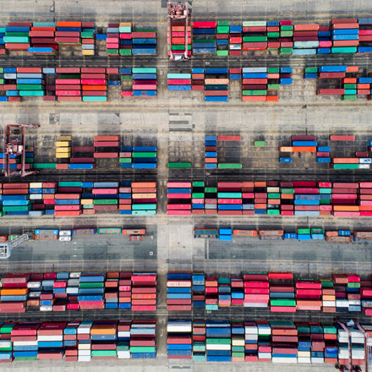 Aerial view of a shipping container yard