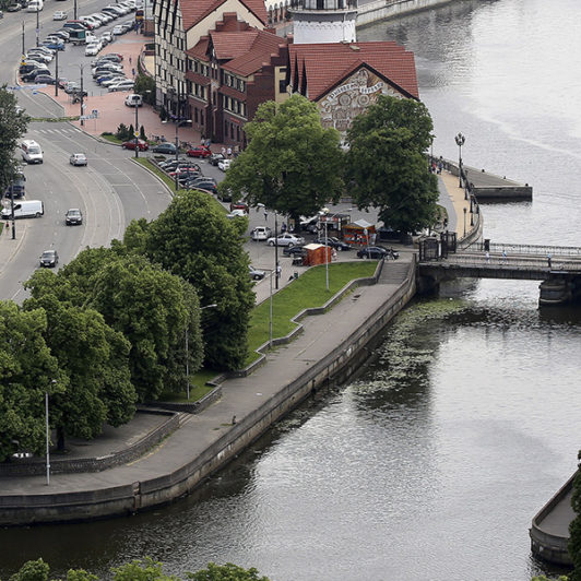 The Pregolya River in Kaliningrad (formerly Königsberg), seven of whose bridges inspired 18th-century Swiss mathematician Leonhard Euler to formalize the discipline now known as graph theory.