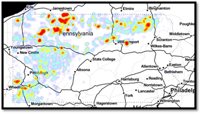 Environmental violations at oil and gas well sites in Pennsylvania. Color indicates violation density.